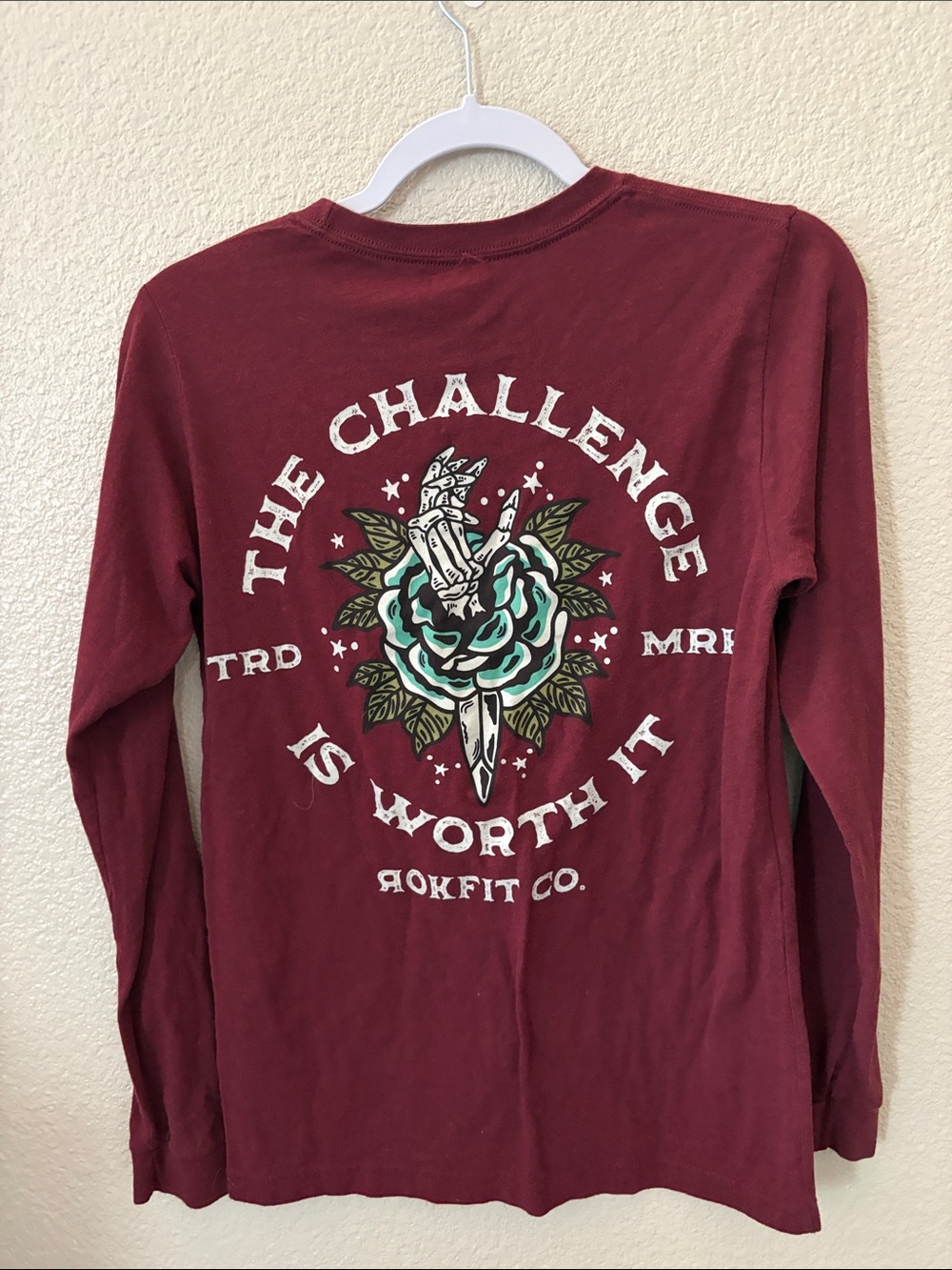 RokFit Co. Women's Long Sleeve Tee — Burgundy with Graphic Back